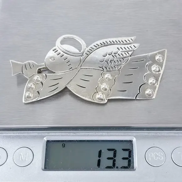 Estate Mexico Sterling Silver 925 Trumpeting Angel Brooch Pin - Picture 7 of 7